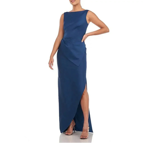 Kay Unger Stretch Boat Neck Sleeveless Side Slit Asymmetrical Hemline Gown - Picture 1 of 7